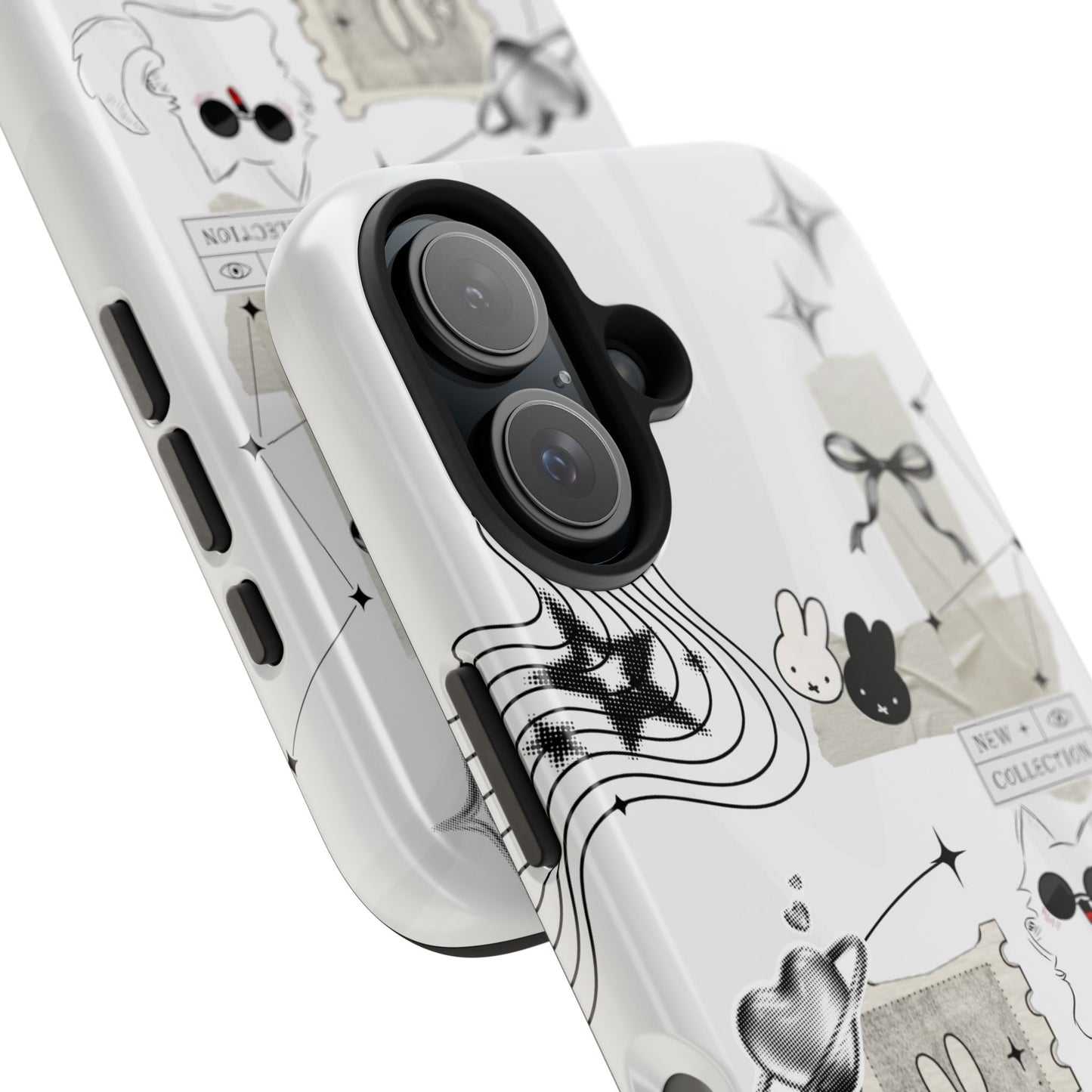 Nijntje Tough Phone Case — Whimsical Monochrome Collage (Bunny, Cat & Cute Icons)