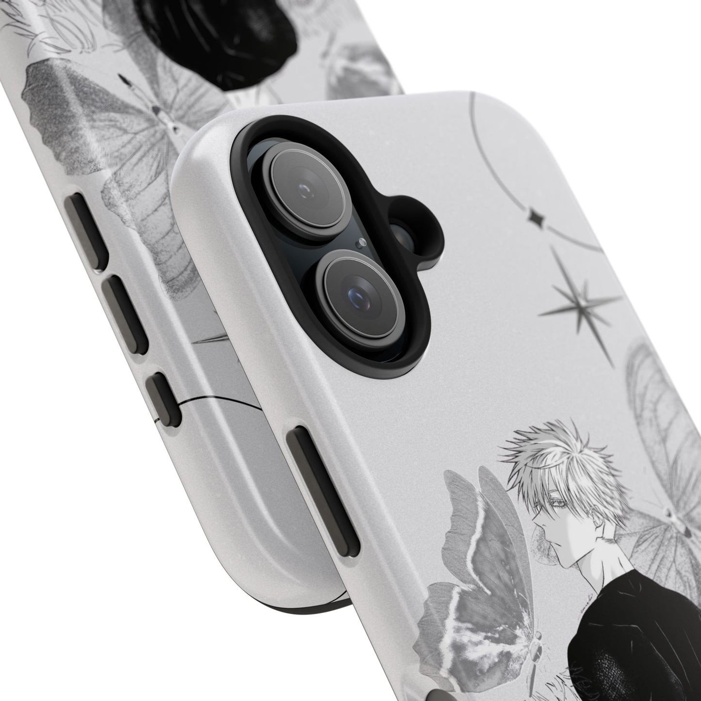 White Haired Man Phone Case — Monochrome Manga Characters & Butterflies