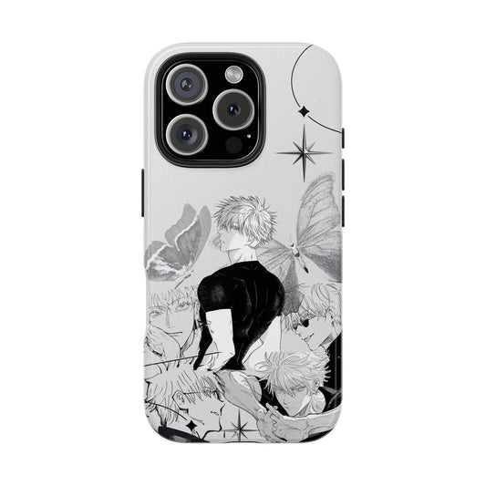 White Haired Man Phone Case — Monochrome Manga Characters & Butterflies
