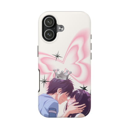 Romantic Anime Couple Tough Phone Case — Crown & Pink Butterfly Design