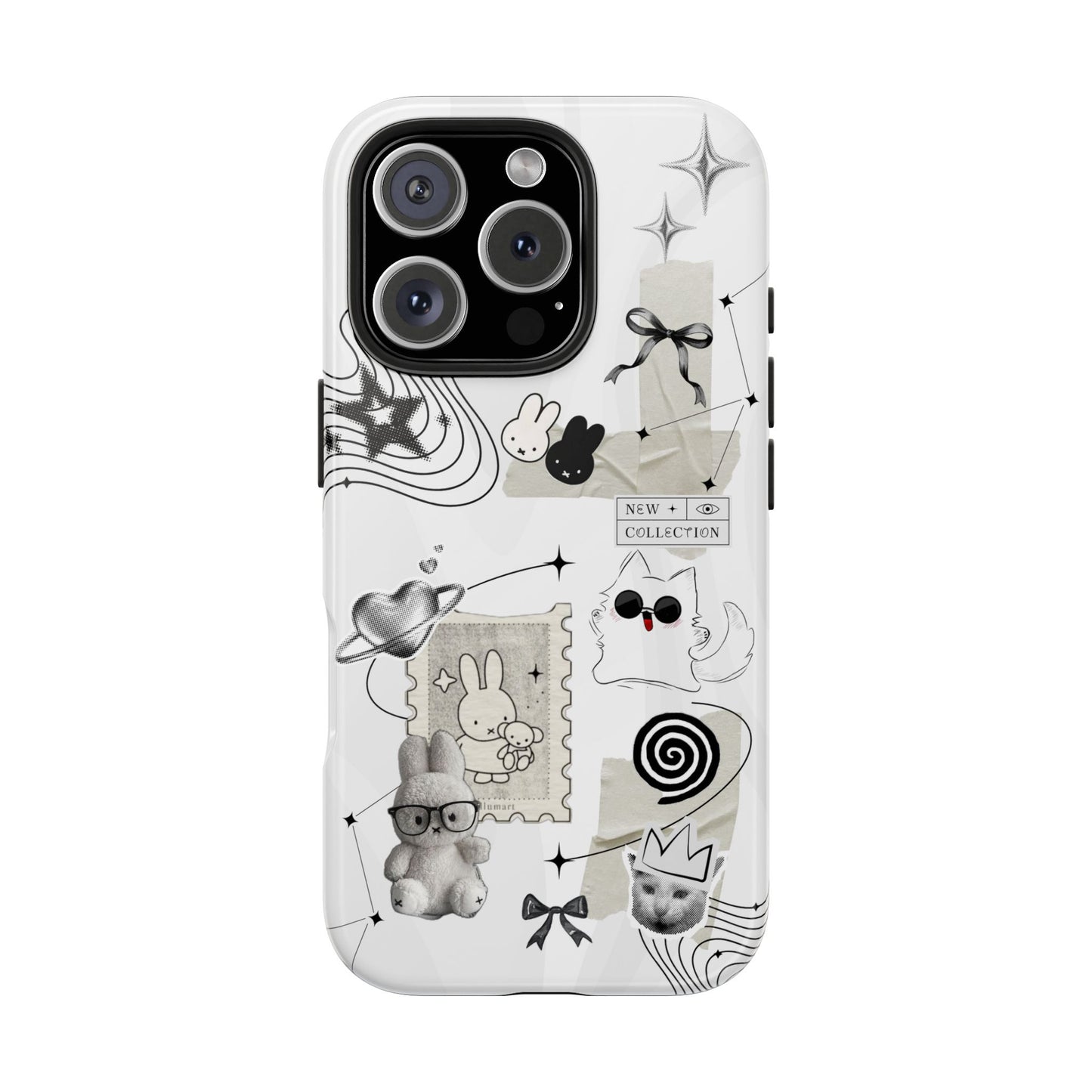 Nijntje Tough Phone Case — Whimsical Monochrome Collage (Bunny, Cat & Cute Icons)