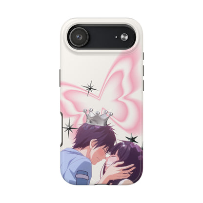 Romantic Anime Couple Tough Phone Case — Crown & Pink Butterfly Design