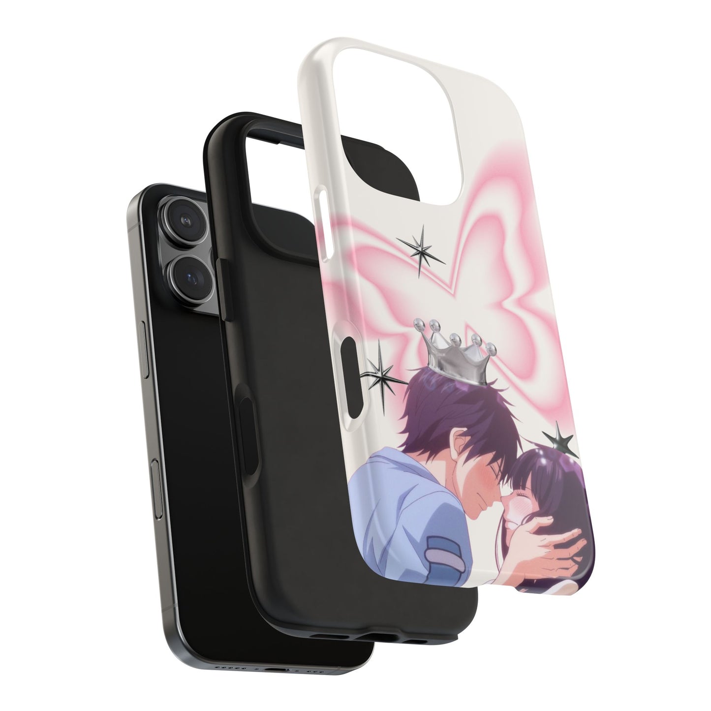 Romantic Anime Couple Tough Phone Case — Crown & Pink Butterfly Design