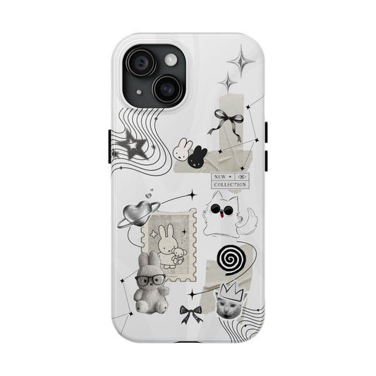 Nijntje Tough Phone Case — Whimsical Monochrome Collage (Bunny, Cat & Cute Icons)