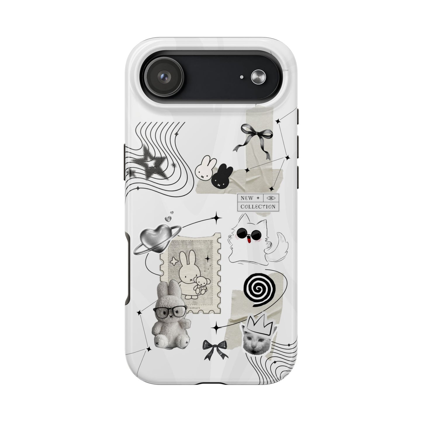 Nijntje Tough Phone Case — Whimsical Monochrome Collage (Bunny, Cat & Cute Icons)