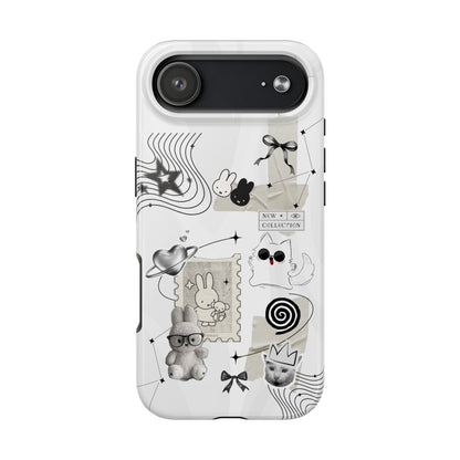 Nijntje Tough Phone Case — Whimsical Monochrome Collage (Bunny, Cat & Cute Icons)