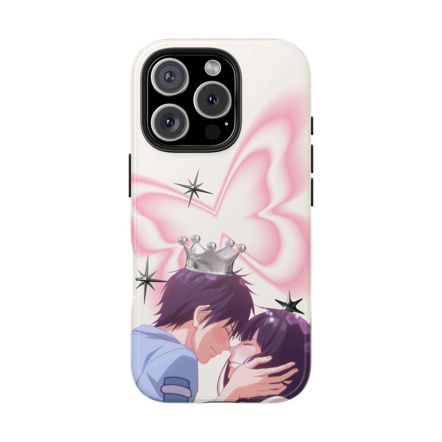 Romantic Anime Couple Tough Phone Case — Crown & Pink Butterfly Design