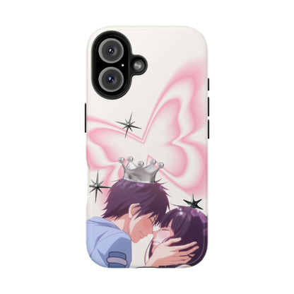 Romantic Anime Couple Tough Phone Case — Crown & Pink Butterfly Design