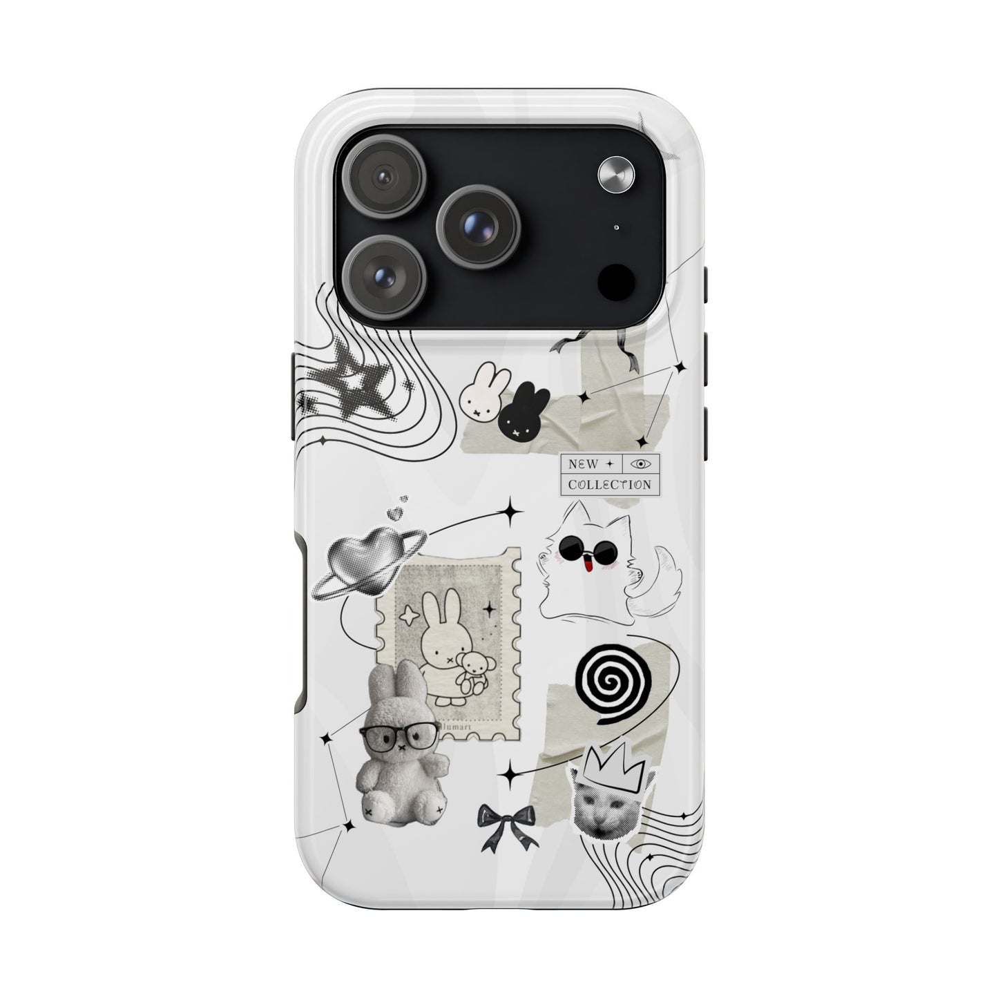 Nijntje Tough Phone Case — Whimsical Monochrome Collage (Bunny, Cat & Cute Icons)