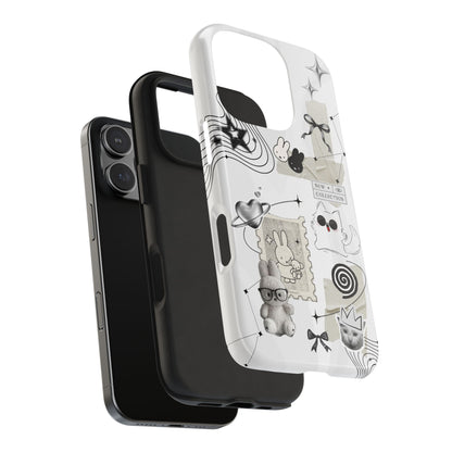 Nijntje Tough Phone Case — Whimsical Monochrome Collage (Bunny, Cat & Cute Icons)