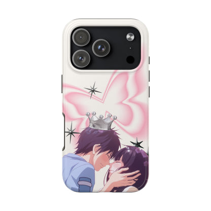 Romantic Anime Couple Tough Phone Case — Crown & Pink Butterfly Design