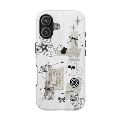 Nijntje Tough Phone Case — Whimsical Monochrome Collage (Bunny, Cat & Cute Icons)