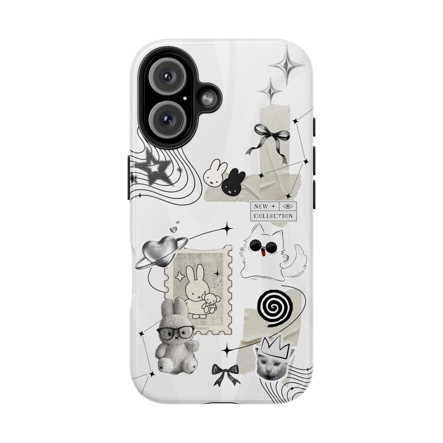 Nijntje Tough Phone Case — Whimsical Monochrome Collage (Bunny, Cat & Cute Icons)