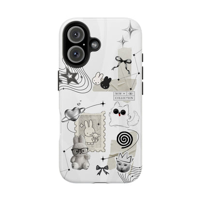 Nijntje Tough Phone Case — Whimsical Monochrome Collage (Bunny, Cat & Cute Icons)