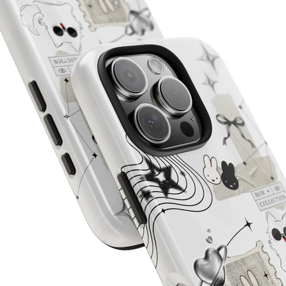 Nijntje Tough Phone Case — Whimsical Monochrome Collage (Bunny, Cat & Cute Icons)